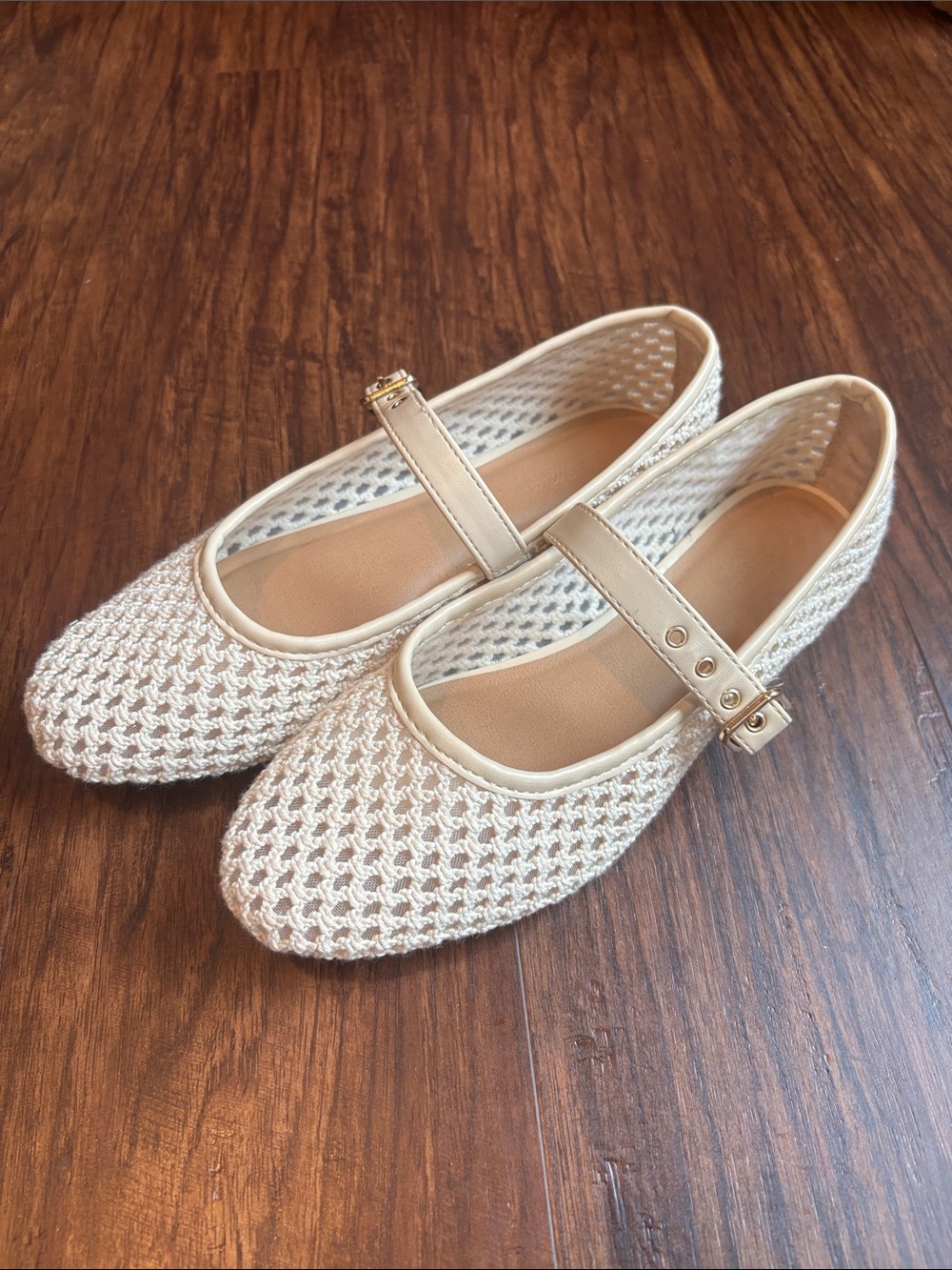 Universal Thread Cream Woven Mary Jane Flats with Ankle Strap and Gold Details